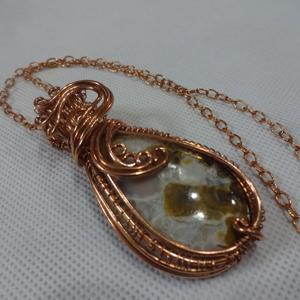Artistic "WILD HORSE JASPER" Handmade Copper Wire-Wrapped Pendant/18" Chain 335A